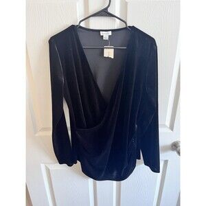 Sundance Raquel Faux Velvet Wrap Long Sleeve Top Black Size L NWT